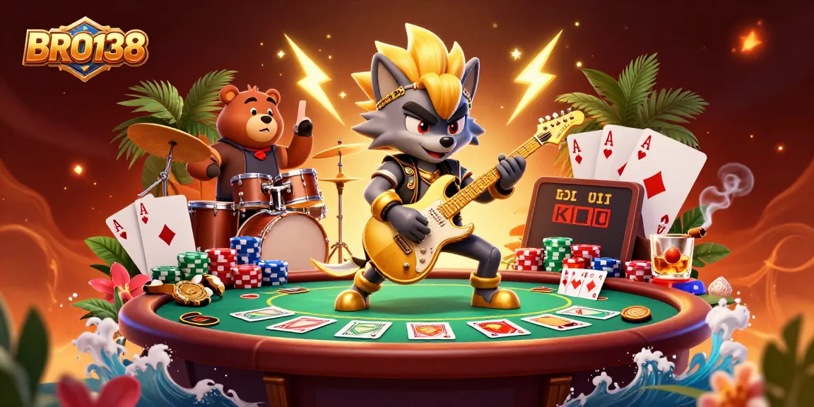 BRO138 offers thrilling slot action as a rock star wolf plays on a casino stage surrounded by poker chips and vibrant energy.