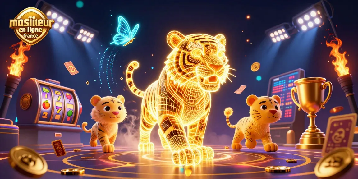 Visualisez le meilleur casino en ligne France avec un tigre doré et des symboles de jackpot.