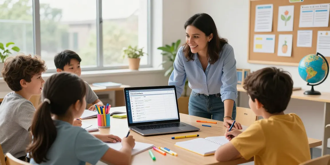 Teacher using EMStudio online teacher planner for lesson plans in a vibrant classroom, showcasing classroom management.