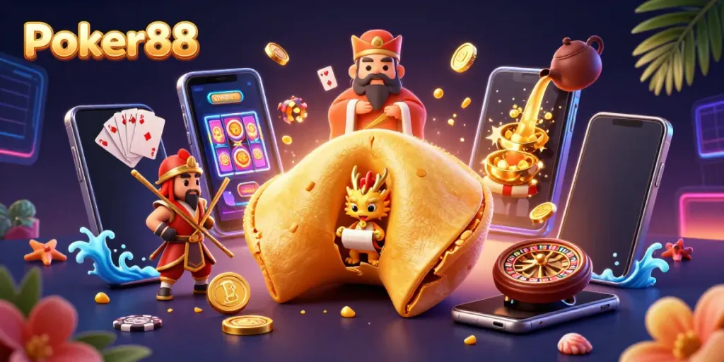 Engage with Poker88 through a vibrant 3D illustration of a golden fortune cookie and gaming elements.