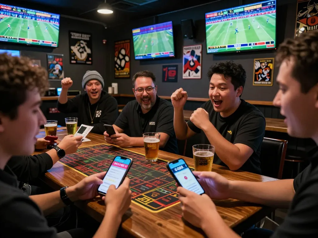 Patrons engaging in live sports betting using the qq88 app in a bustling sports bar.