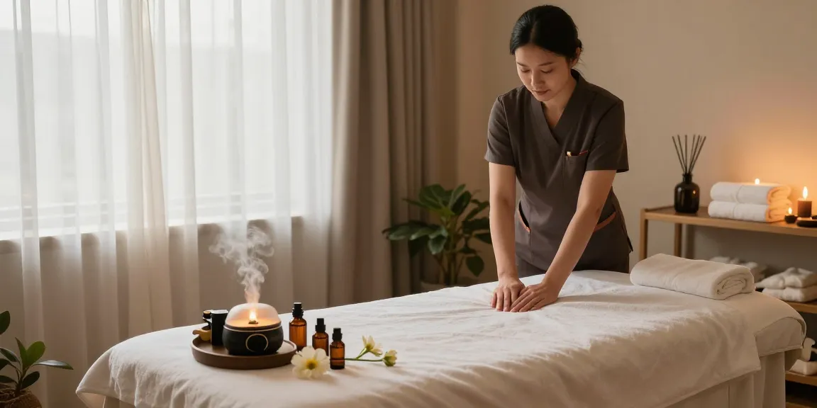 Tranquil atmosphere of 영등포스웨디시 spa with aromatherapy setup and massage table.