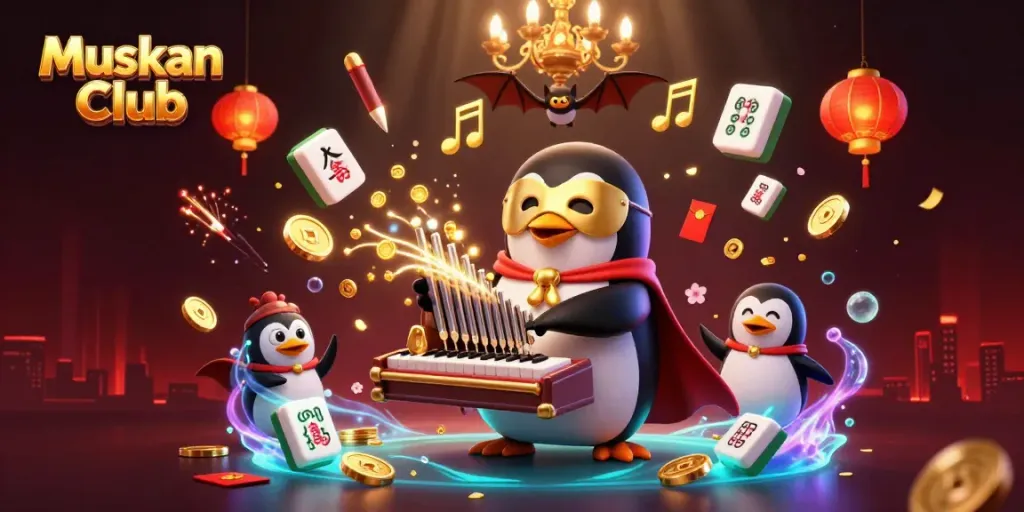 Engage with Muskan Club's vibrant casino scene featuring a whimsical gaming penguin and dynamic gold elements.