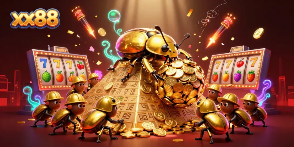 Experience exotic gaming thrills with xx88 featuring animated golden beetles in a vibrant casino setting.
