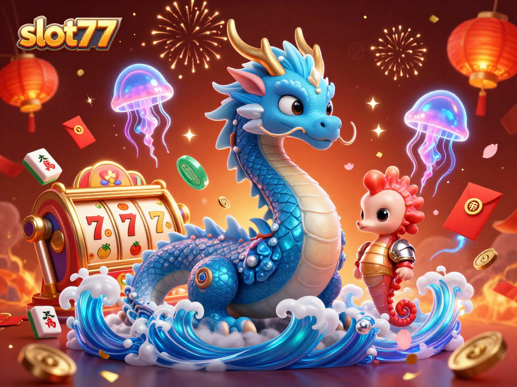 Experience the thrill of slot77 with a majestic water dragon and seahorse knight amid vibrant casino elements.