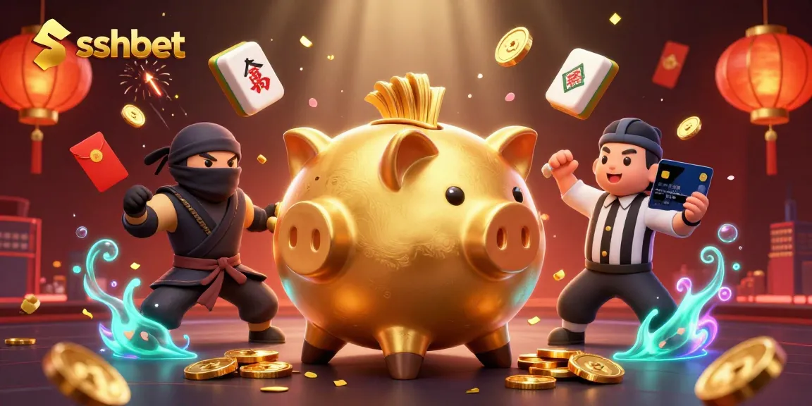 Experience the thrill of gaming at sshbet with a golden piggy bank warrior and friends in an exciting casino showdown.