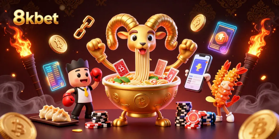 Engage with 8kbet's exciting gameplay featuring a golden ramen bowl dealer in a vibrant casino scene.