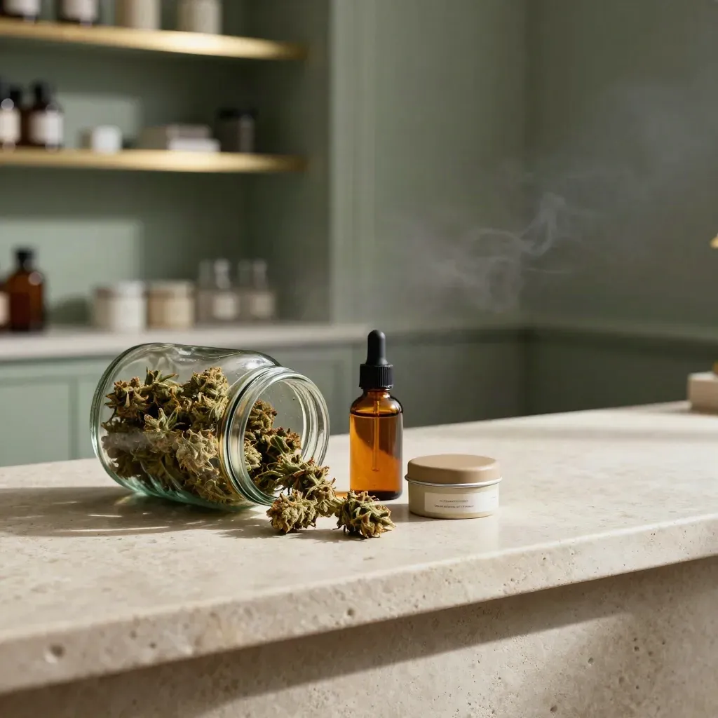 Tippled hemp flower jar, tincture bottle, and gummy tin on stone in moody dispensary light