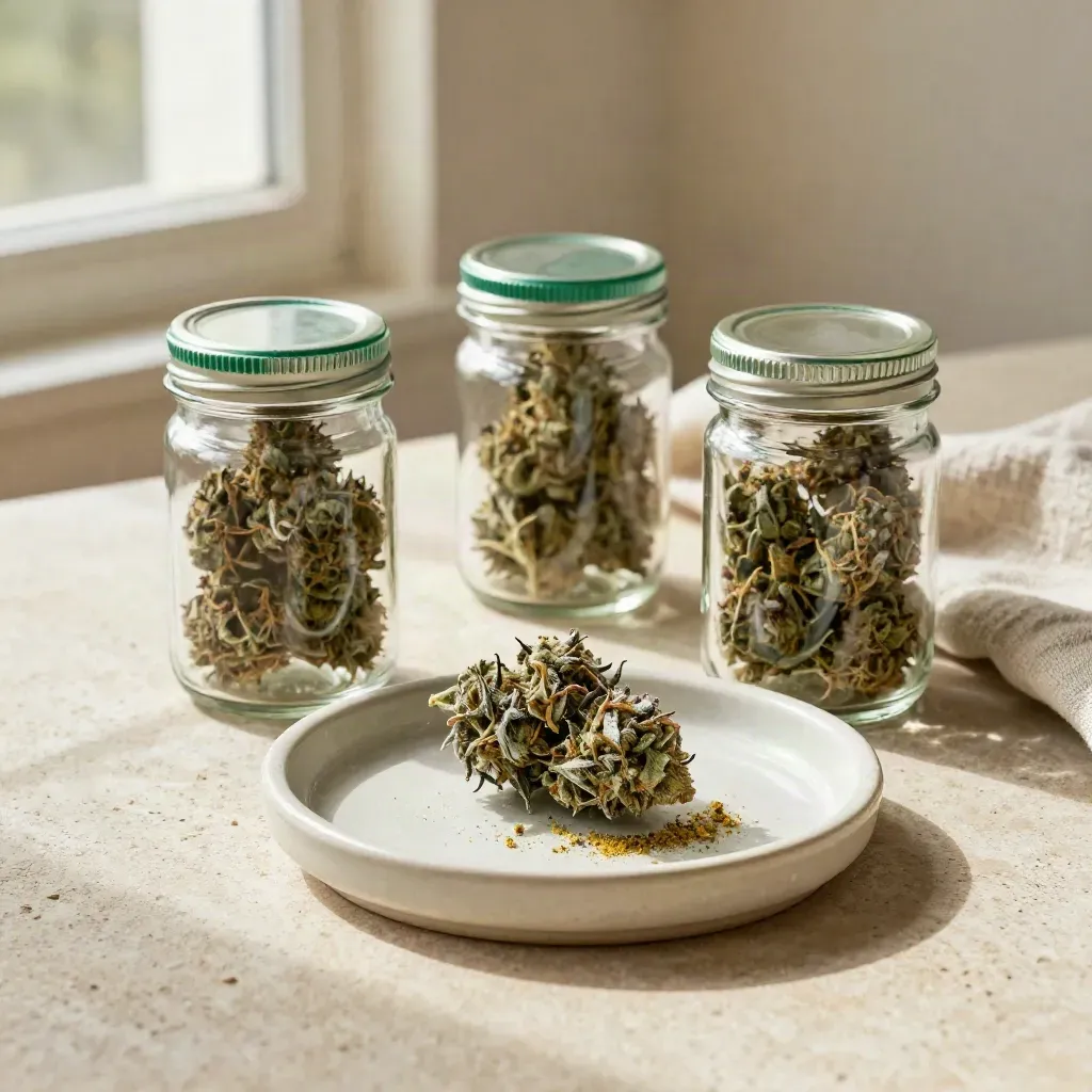 Open hemp flower jars and a ceramic tray on stone, lit by warm window light.