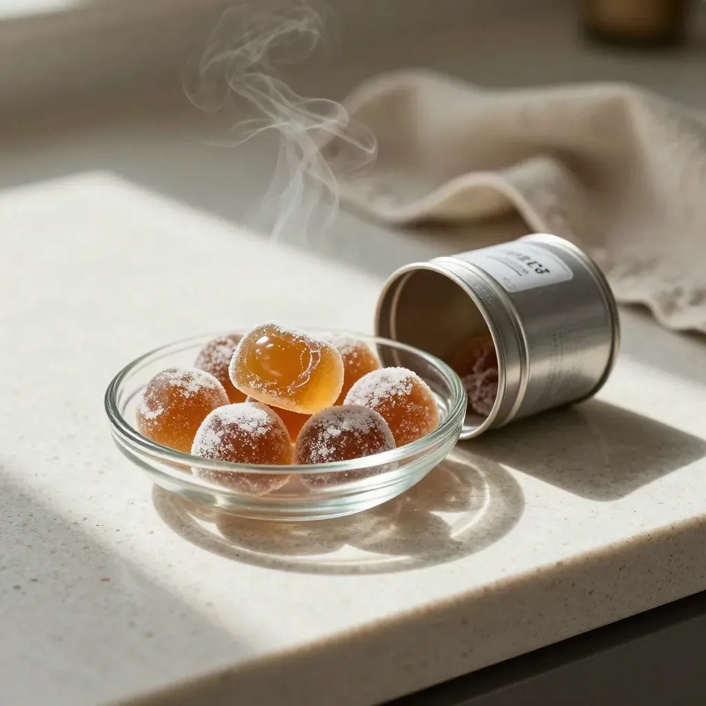 Split delta-8 gummies in a glass dish with sugar tin and steam on a kitchen counter