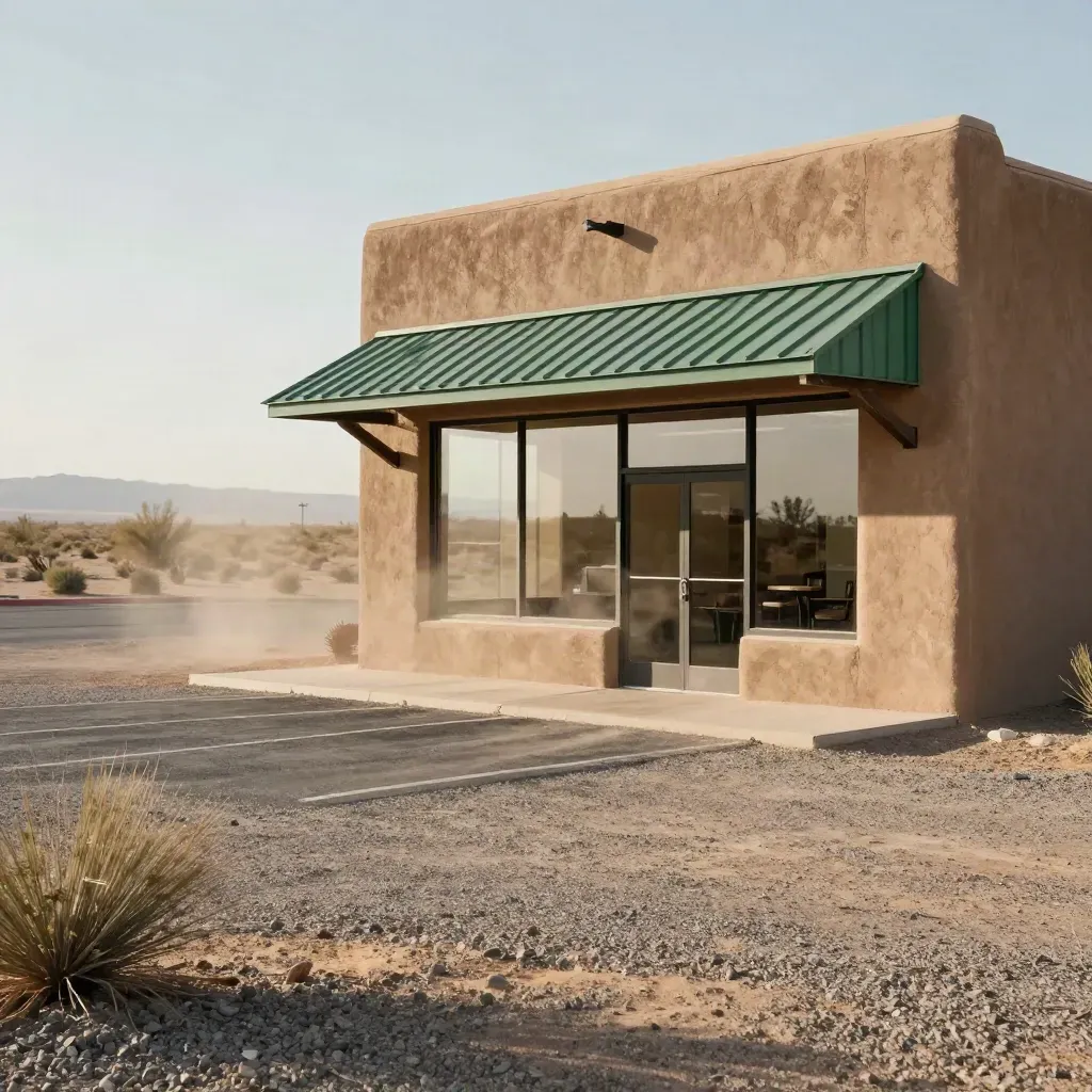 Arizona dispensary storefront in adobe with dust, heat shimmer, and a shaded entry