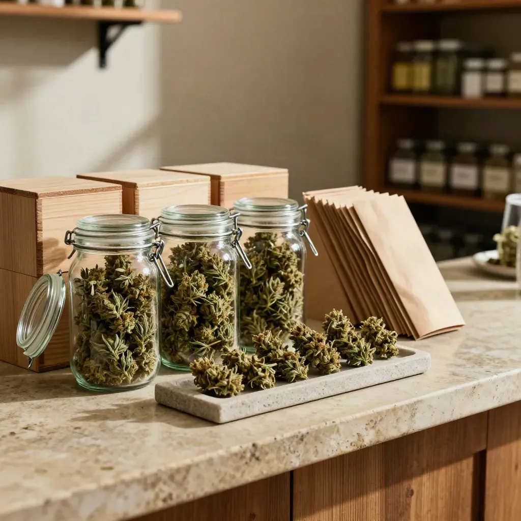 Texas hemp flower jars, cedar boxes, kraft sleeves and a stone tray on a warm dispensary counter.