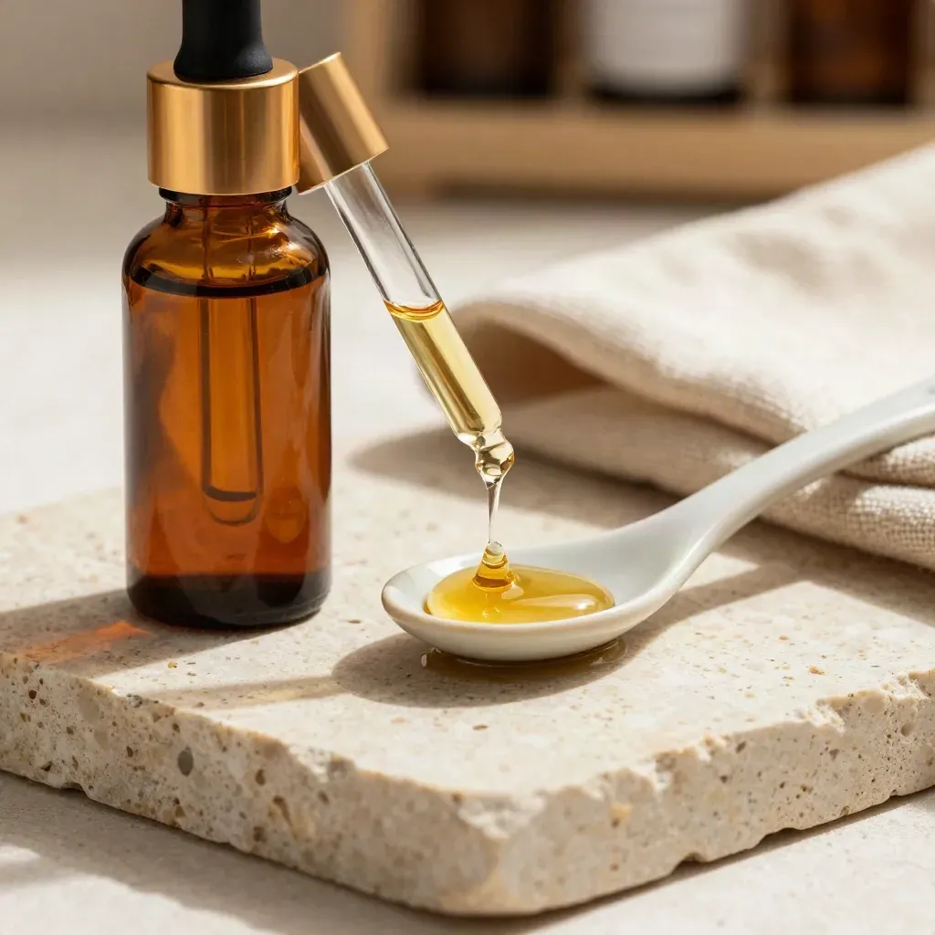 Amber tincture bottle, dropper bead, ceramic spoon and folded cloth on pale stone.