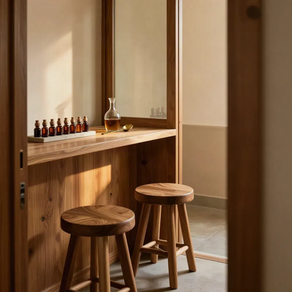 Empty consultation corner with stools and tincture samplers in a warm CBD dispensary.