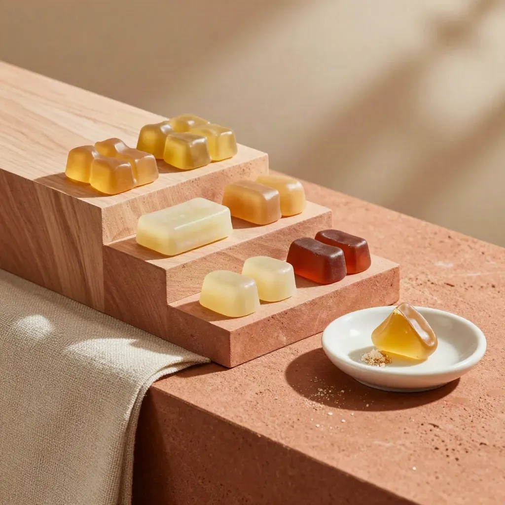 Three gummy trays with a half-cut chew on a warm stone counter, top-down in soft daylight.