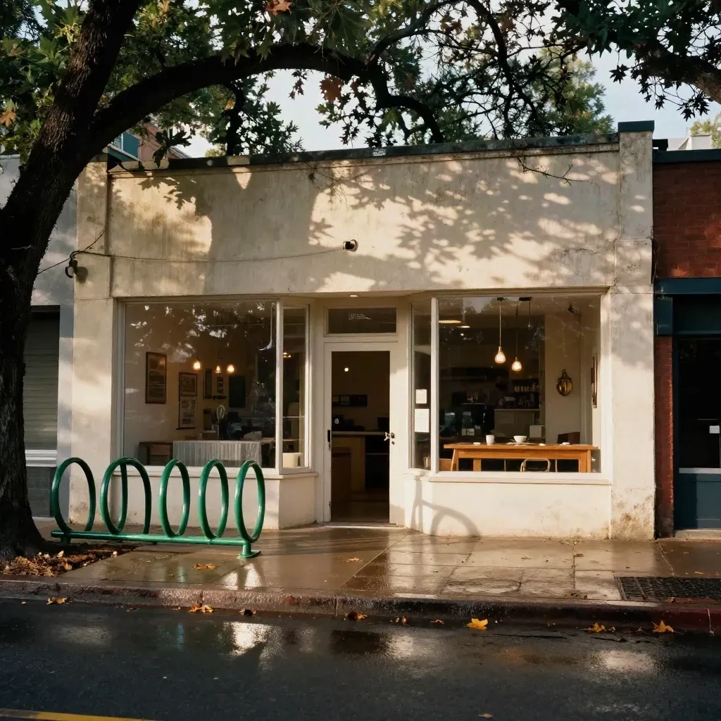 Austin storefront in live oak shade with wet sidewalk, bright doorway, and bike rack.