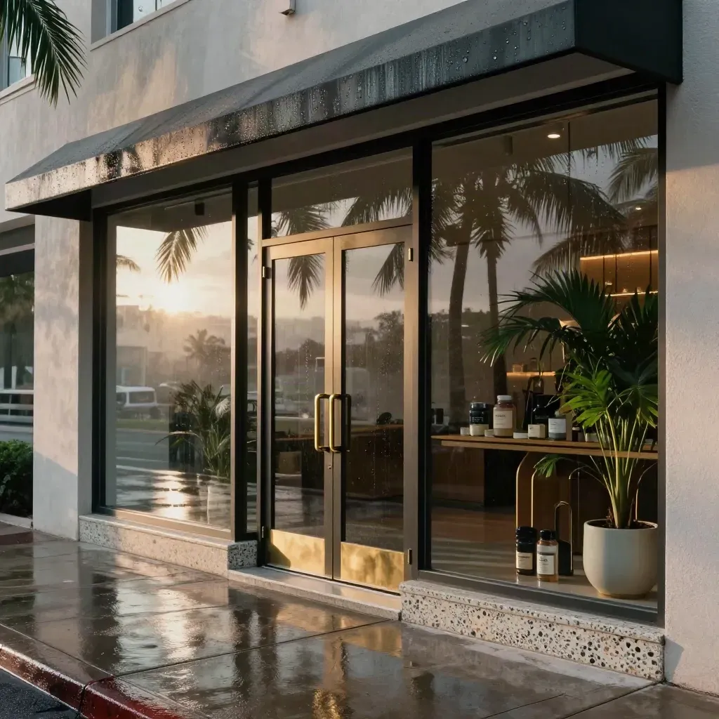 Rain-slick Miami dispensary entrance with palm reflections and brass details after a squall.
