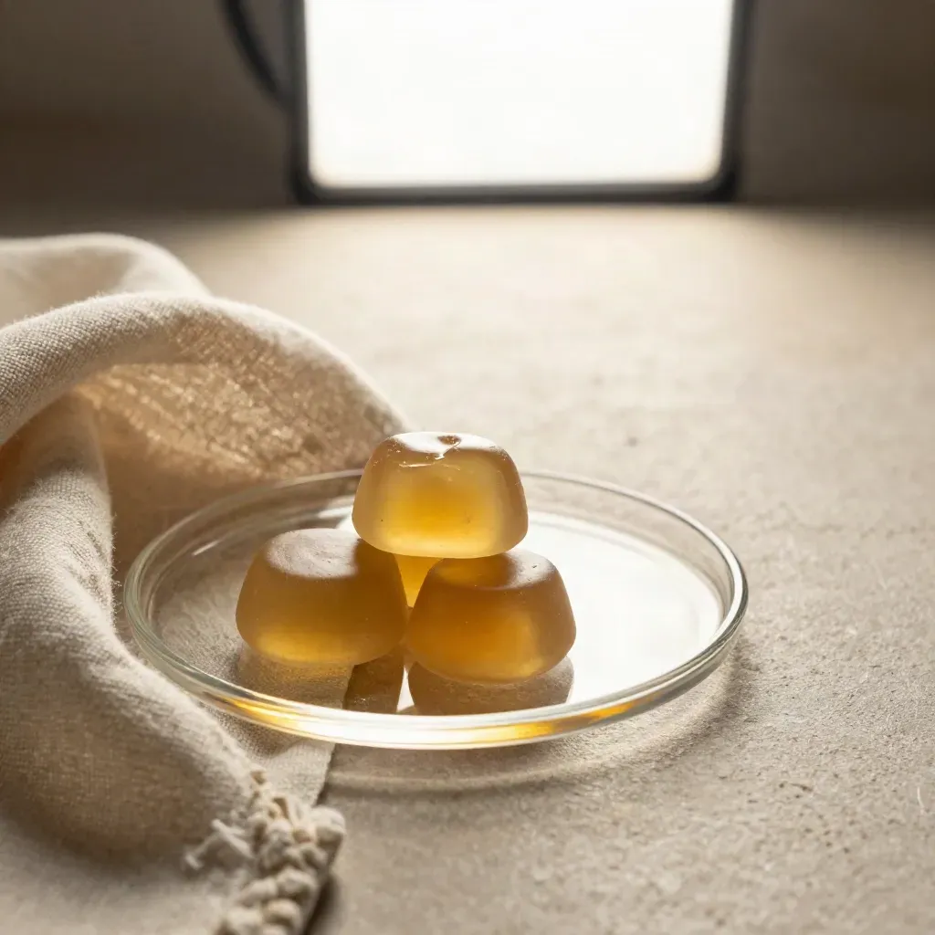 Three CBD gummies on a clear glass tray with linen, one cut open on stone.