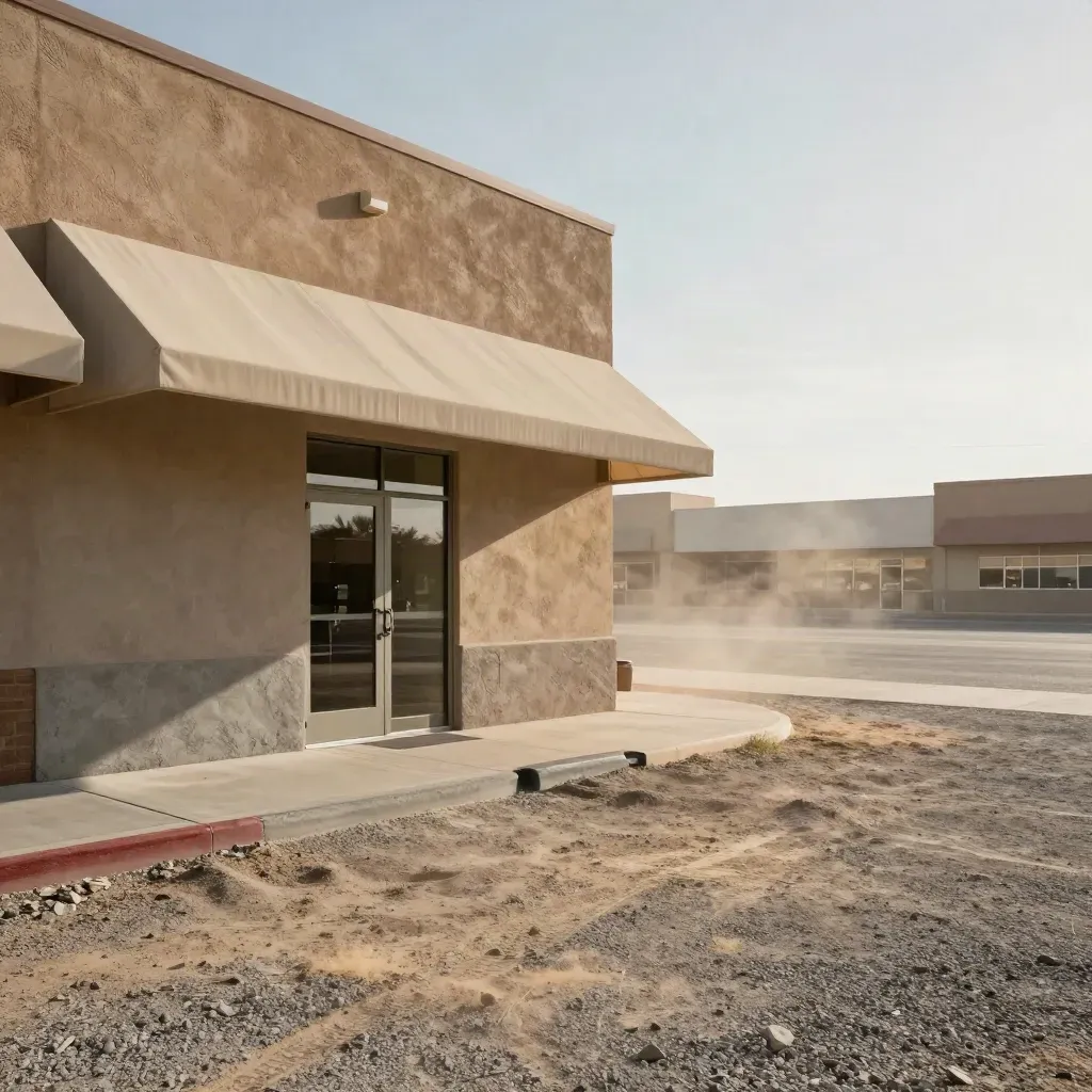 Phoenix CBD storefront with awning, stucco wall, gravel lot and heat haze