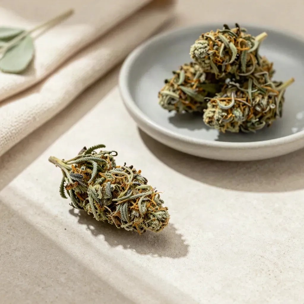 Overhead hemp bud flatlay with saucer, beige cloth and sprig on clay plaster, softly lit.