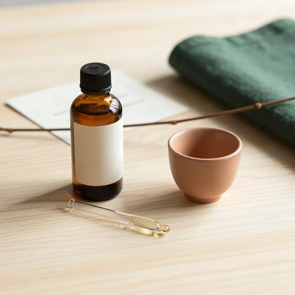 Amber tincture bottle, dropper, ceramic cup and dried stem on pale wood with soft daylight.