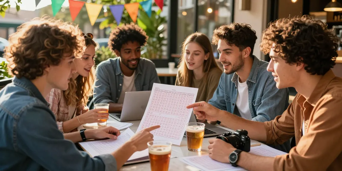Analisis angka untung togel bersama teman di kafe, suasana ramai dan menarik.