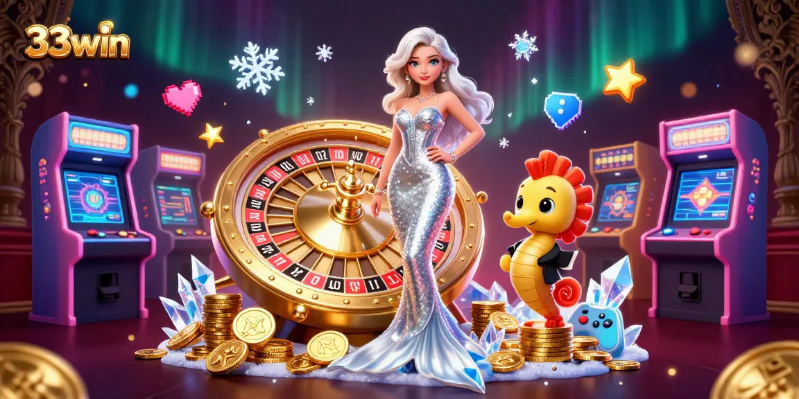 Experience the thrill of winning at 33win, with elegant characters by a roulette wheel and dynamic gaming elements.