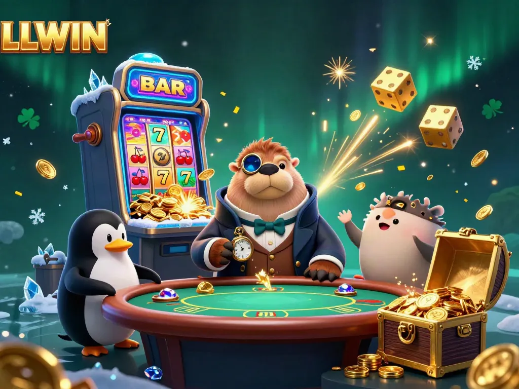 LLWIN's vibrant casino scene features a walrus playing poker, a penguin dealer, and a pufferfish bluffing.