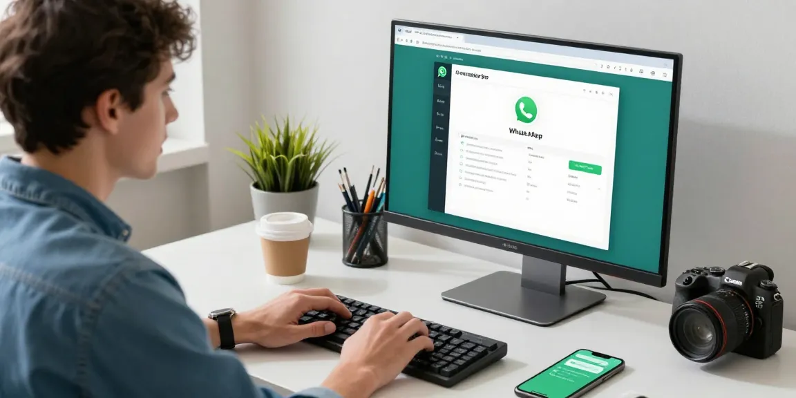 Using WhatsApp電腦版 on a modern desk setup with user and technology elements.