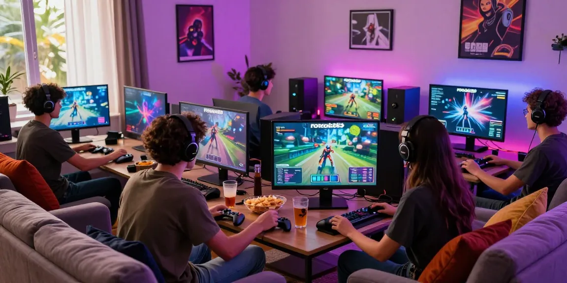 Friends enjoying a gaming night with rokok88 in a cozy living room filled with snacks and gaming gear.