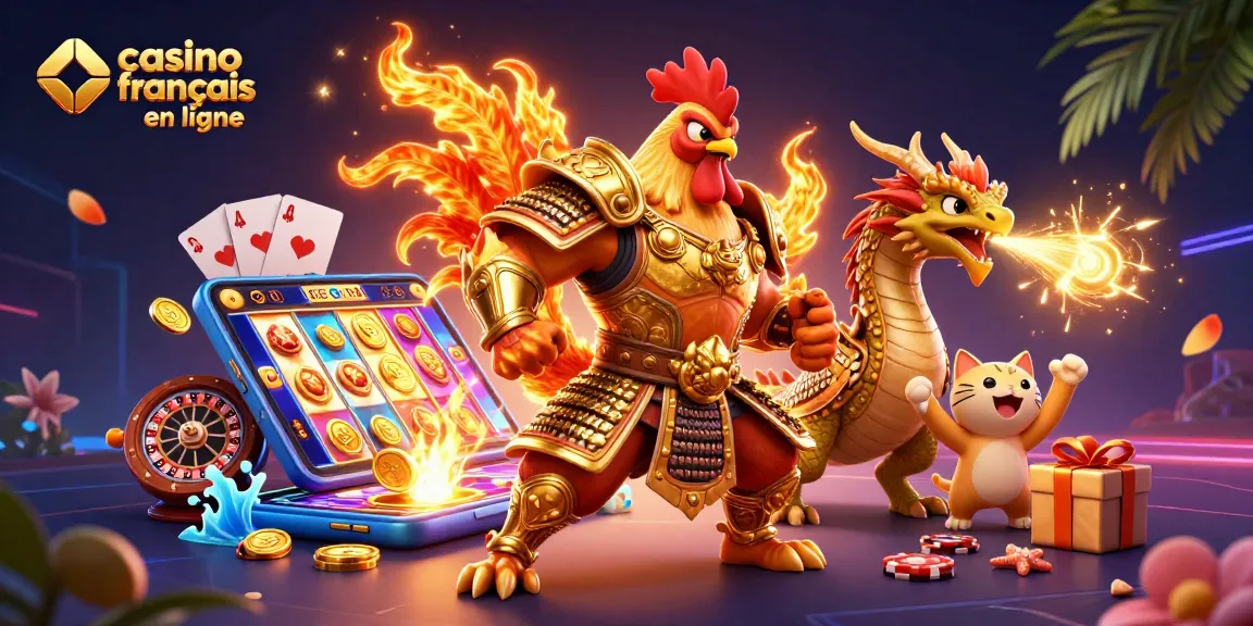 Jouez dans le casino français en ligne avec un combattant héroïque et des éléments de jeu colorés.