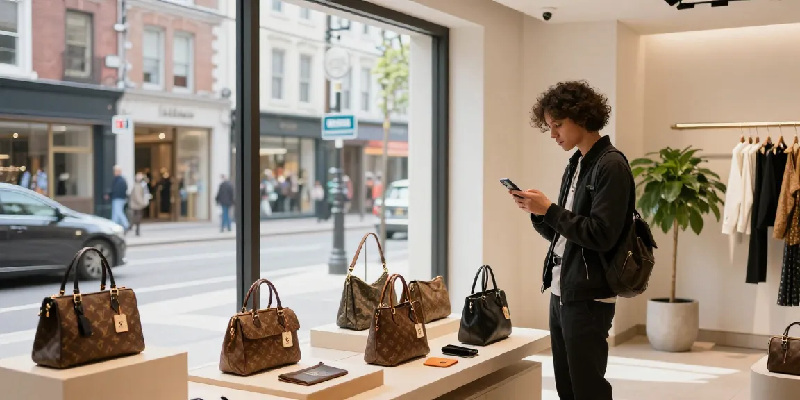 Engaged shopper exploring stylish 명품 레플리카 handbags in a trendy boutique.