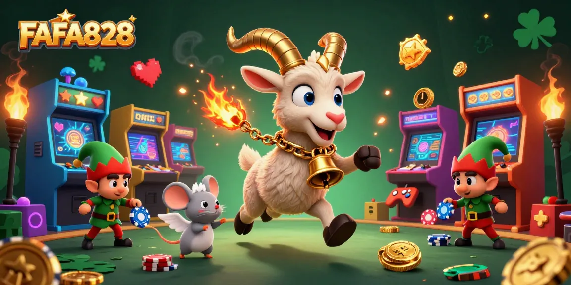 FAFA828 invokes excitement with a festive 3D casino scene featuring a Krampus goat, angel mouse, and mischievous elf gremlins.