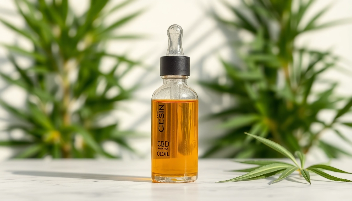 Showcasing CBD Oil in a sleek, minimalist setting with natural elements, emphasizing quality and wellness.