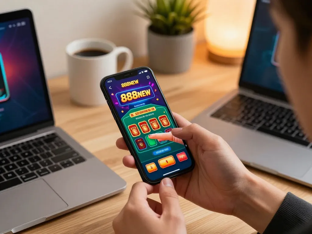Engaged user playing on the 888NEW casino app on their smartphone, illustrating modern mobile gaming experience.