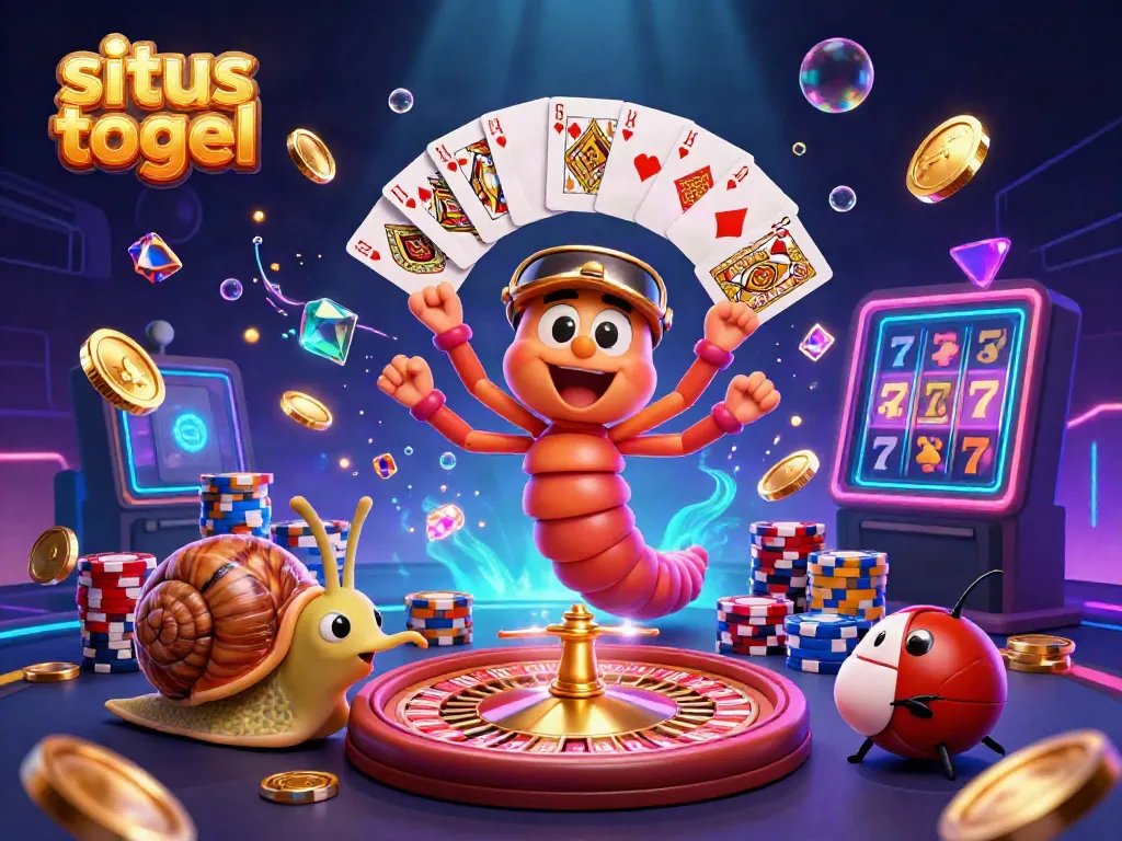 Situs togel depicts an exciting casino scene with a cartoon millipede dealer and a snail high-roller.