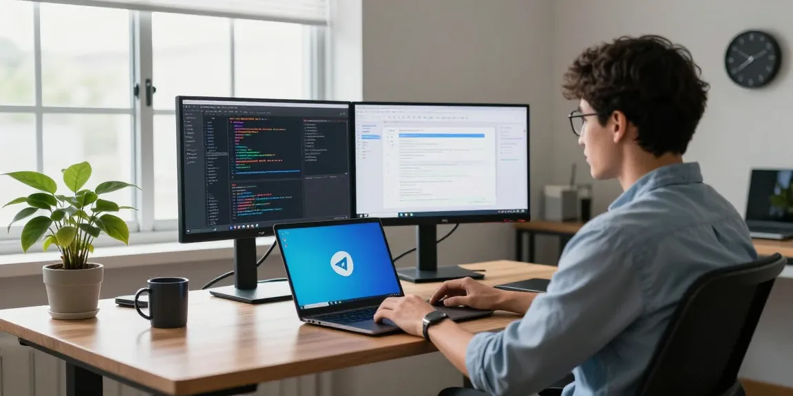 Developer engaging with 纸飞机中文版 on dual monitors in a modern workspace.