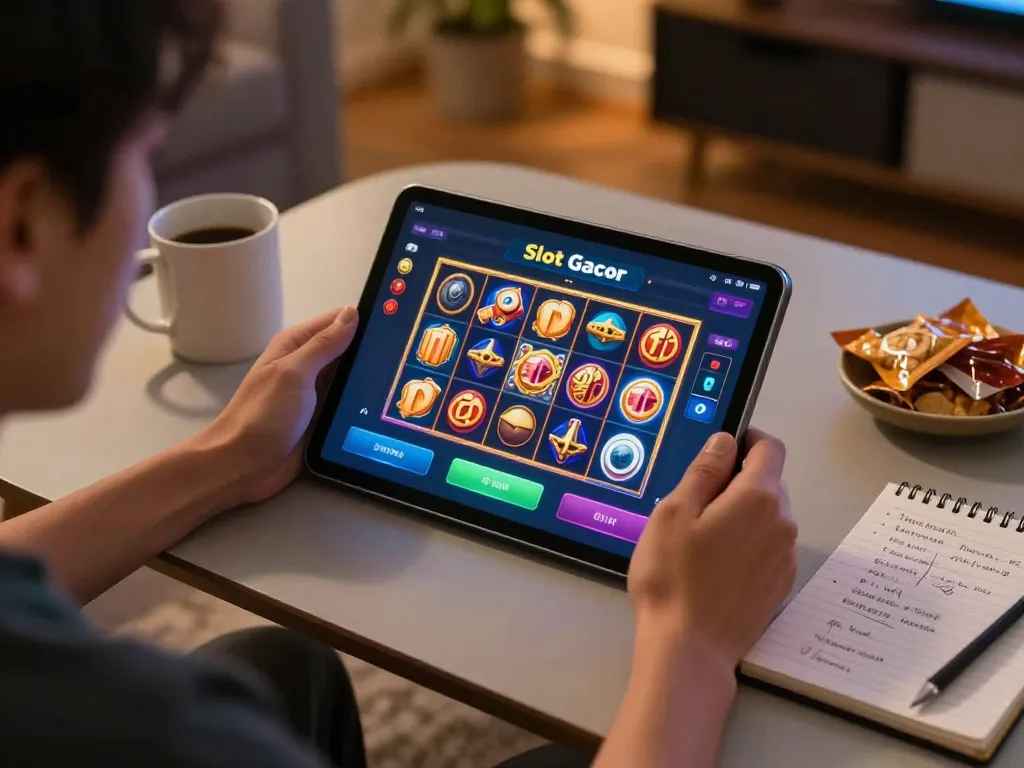 Engaging in online gaming with link slot gacor on display, relaxed home atmosphere with personal touches.