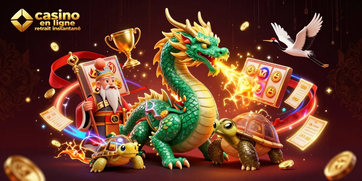 Interagissez avec le casino en ligne retrait instantané mettant en vedette un dragon et une tortue dans une scène de casino dynamique et pleine d'action.