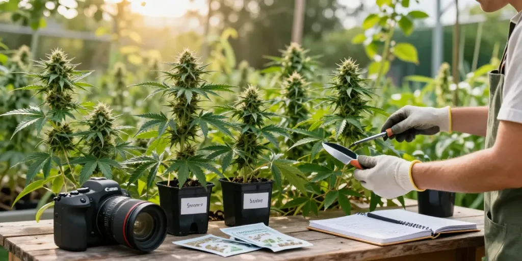 Growing CBD seeds in a vibrant outdoor garden with a knowledgeable gardener inspecting plants.