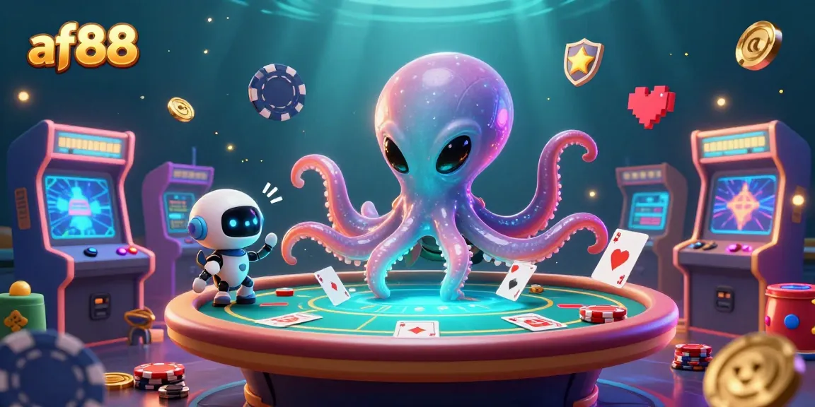 Play exciting games at af88 with a vibrant alien octopus dealer at a holographic poker table.