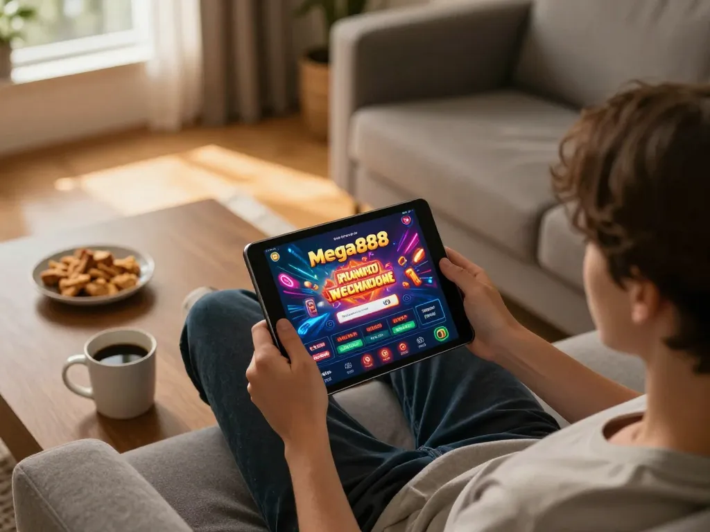 Engaging with free credit mega888 on a tablet in a cozy home gaming environment