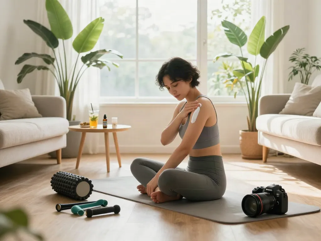 Post-workout wellness routine showcasing CBD topical application in a sunlit living room atmosphere.