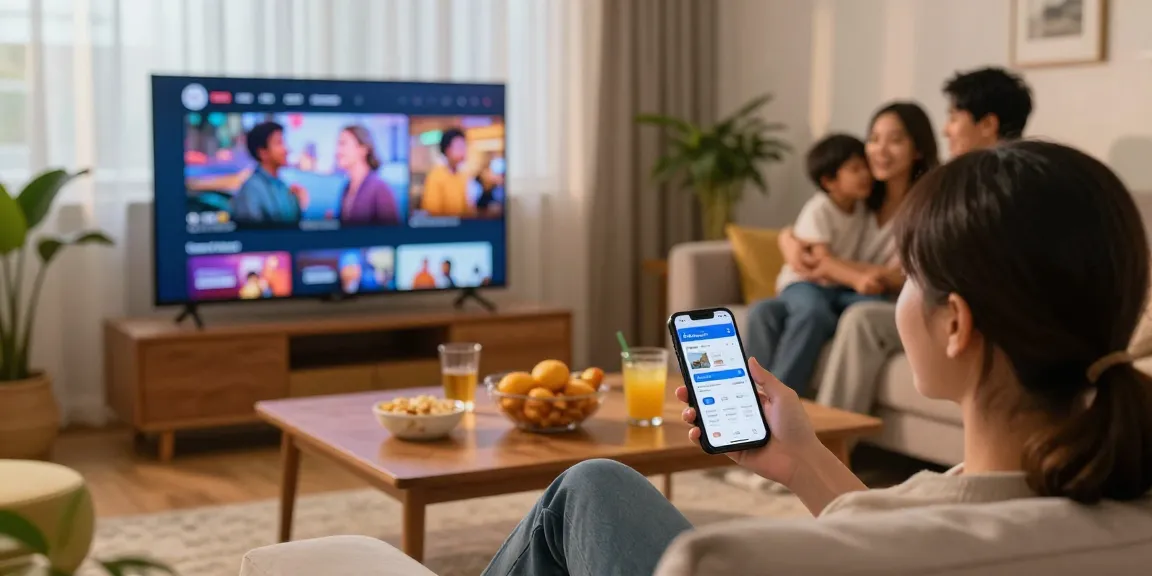 Enjoying Pikashow streaming app in a cozy living room with snacks