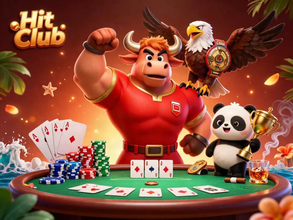 Engage with Hit Club's exciting casino atmosphere featuring vibrant characters and poker elements.