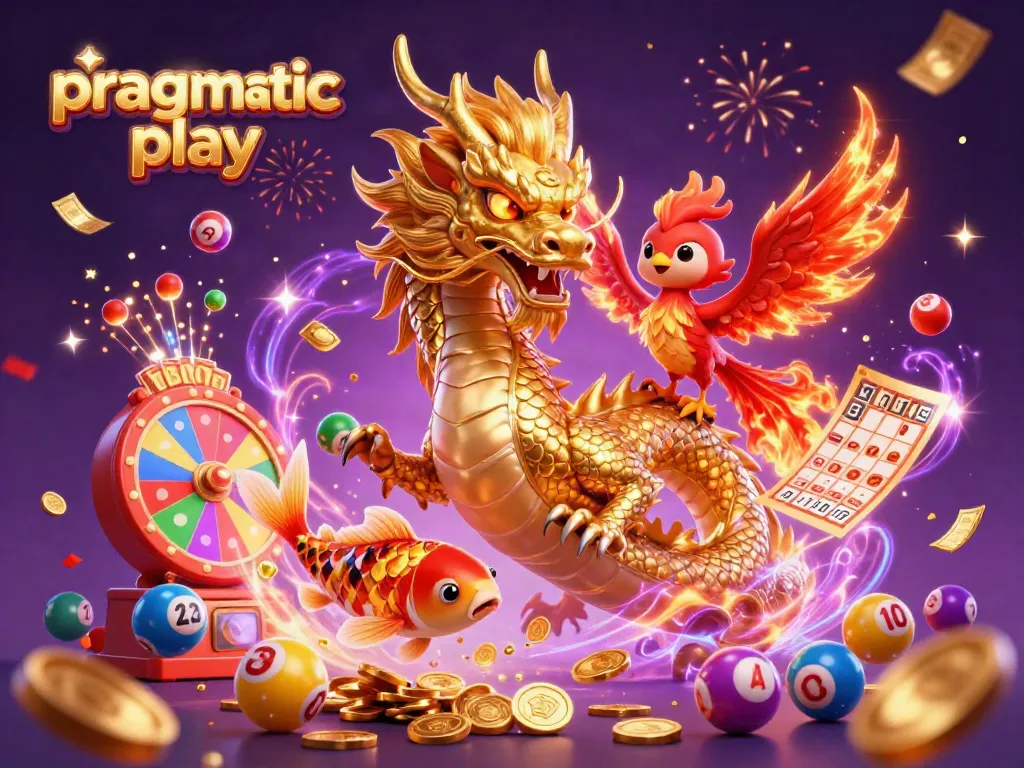 Menghadirkan pragmatic play dengan naga Cina emas yang menakjubkan dan phoenix terbang di latar belakang confetti.