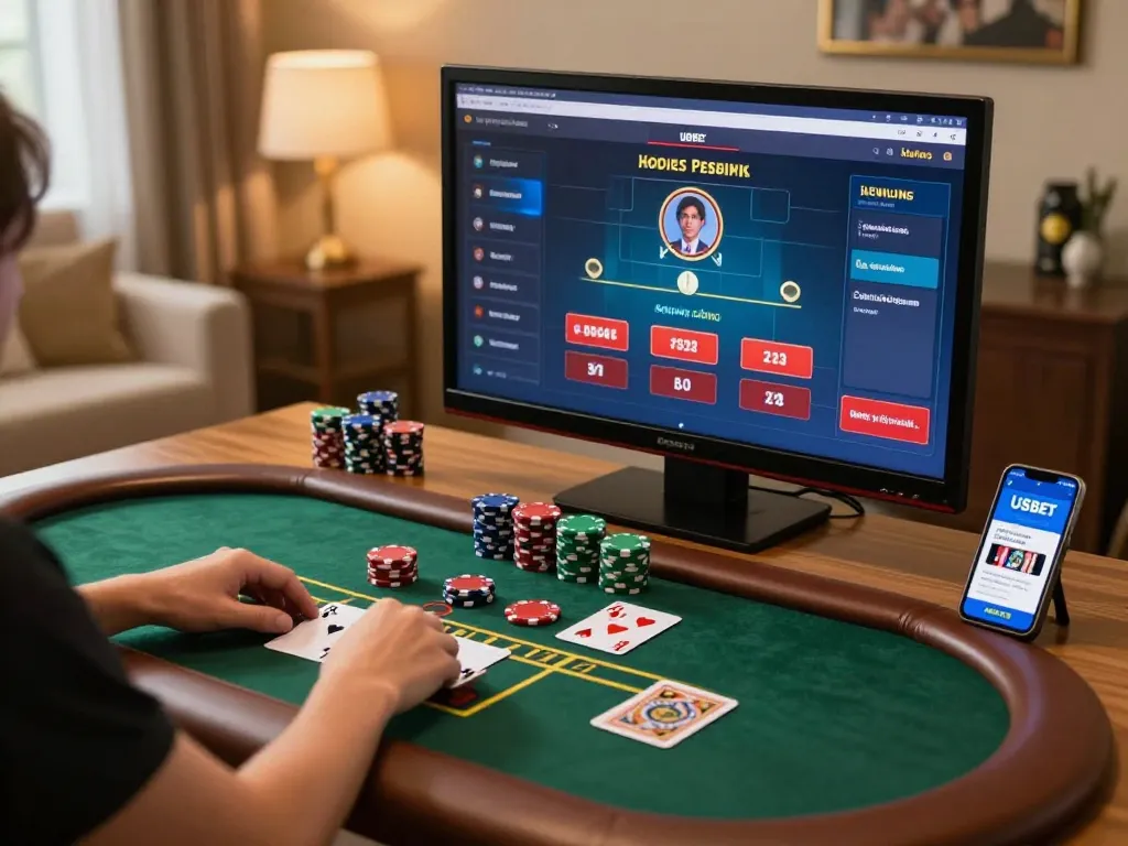 USBET player placing bets during live dealer blackjack in a cozy home setting.