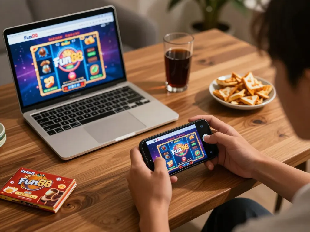 Play Fun88 casino games on smartphone in cozy gaming setup with ambient lighting