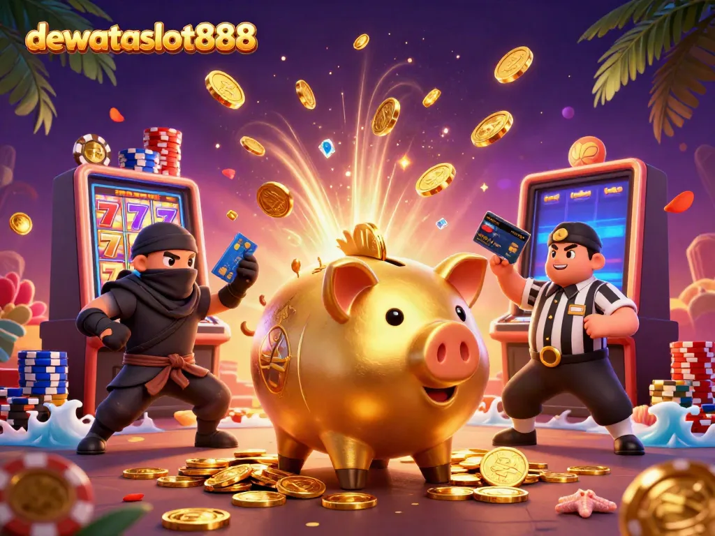 dewataslot888 menampilkan karakter kasino, uang emas, dan elemen permainan slot yang memukau