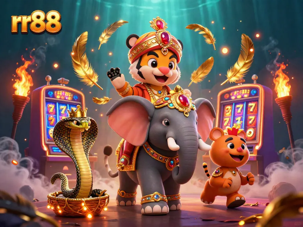 Experience the thrills of rr88 with a slot machine and vivid characters in a vibrant scene.